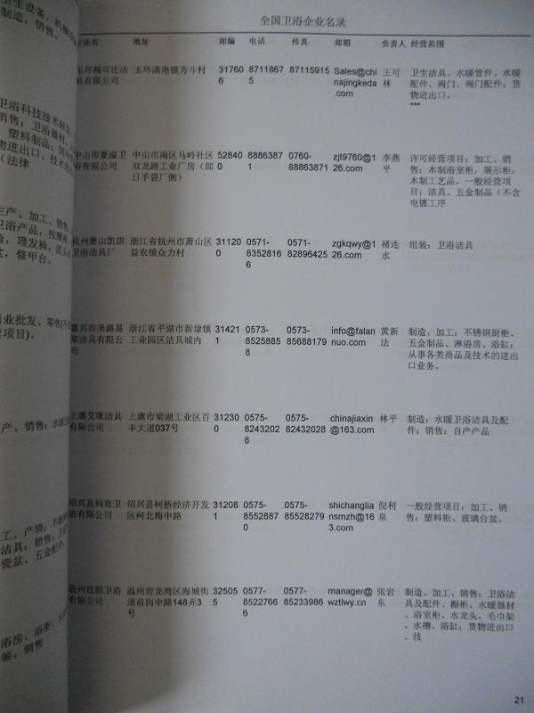 中國(guó)衛(wèi)浴企業(yè)黃頁(yè)可開(kāi)展精準(zhǔn)營(yíng)銷(xiāo)，電話(huà)營(yíng)銷(xiāo)、郵件營(yíng)銷(xiāo)、傳真營(yíng)銷(xiāo)等等多管齊下，圓您銷(xiāo)售冠軍夢(mèng)